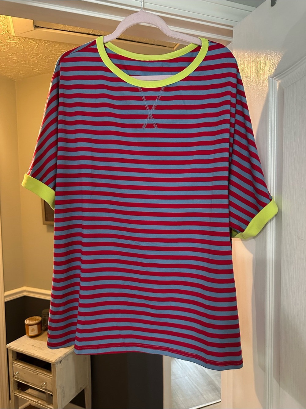 Striped Short Sleeve Tee in Red and Blue with Neon Trim - NWOT